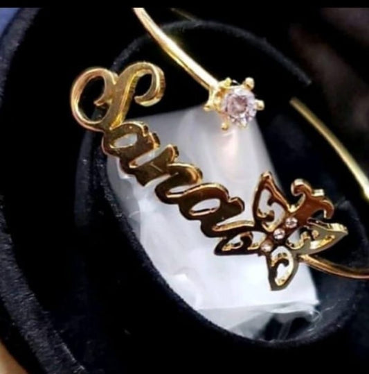 Custom Name Bangle with Butterfly & Stone Design