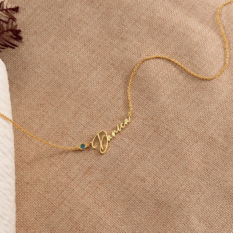 Handmade Birthstone Name Necklace, Personalized Name Necklace, Necklace with Birthstone, Gift for Her, Women Gift for Wedding