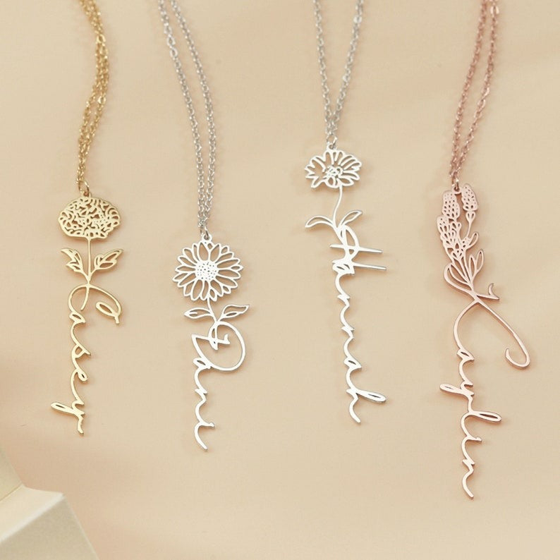 Personalized Birth Flower Name Necklace, Custom Gold Floral Name Necklace, Birth Flower Jewelry, Gift for Her