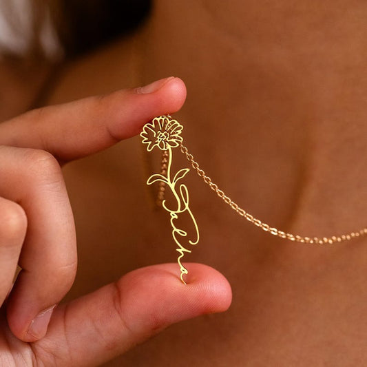 Personalized Birth Flower Name Necklace, Custom Gold Floral Name Necklace, Birth Flower Jewelry, Gift for Her